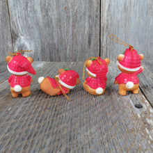 Load image into Gallery viewer, Vintage Teddy Bear Ornament Set Plastic Christmas Red Suit Pajamas Santa Hats Holly Leaves - At Grandma&#39;s Table
