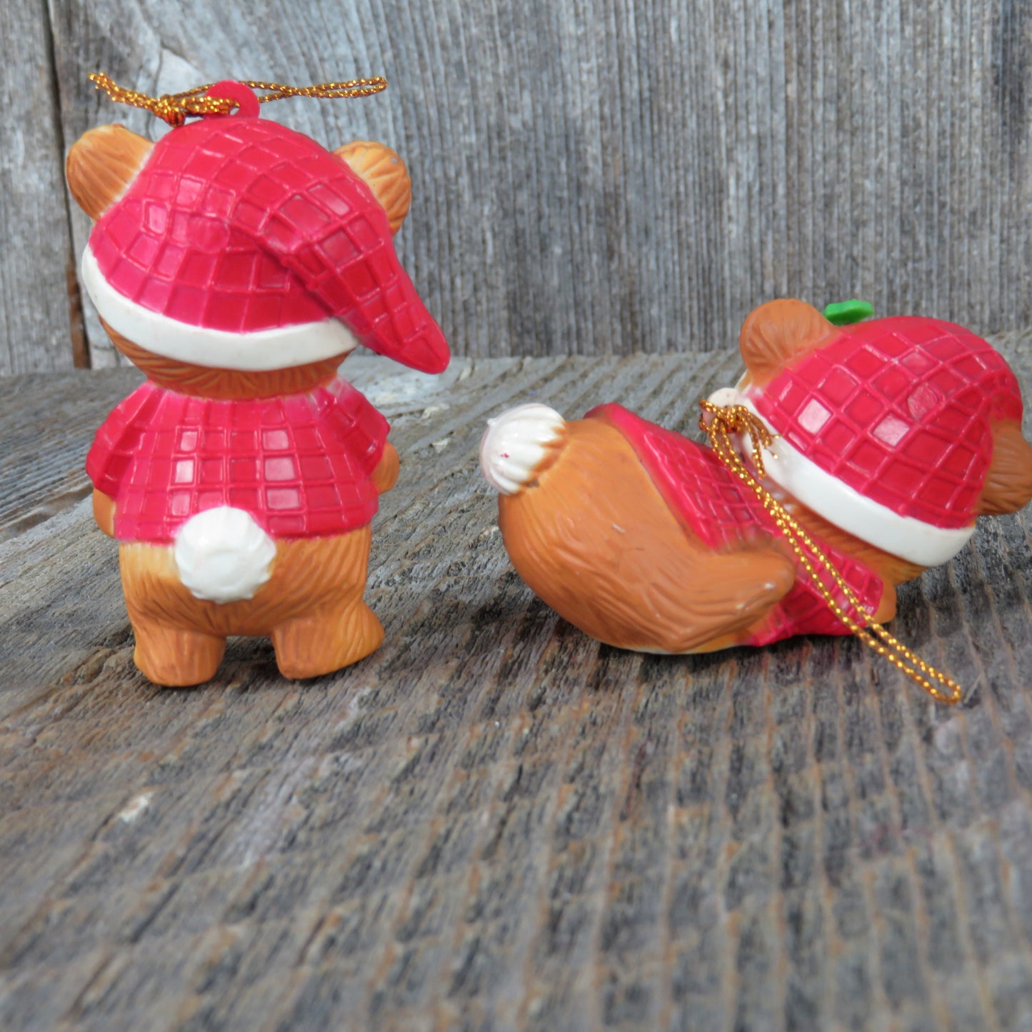 Vintage Teddy Bear Ornament Set Plastic Christmas Red Suit Pajamas Santa Hats Holly Leaves - At Grandma's Table
