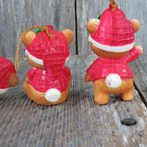 Vintage Teddy Bear Ornament Set Plastic Christmas Red Suit Pajamas Santa Hats Holly Leaves - At Grandma's Table