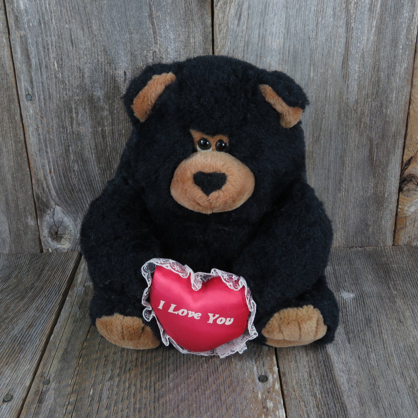 Vintage Black Teddy Bear Plush I Love You Red Heart Sad Sleepy Stuffed Animal Chrisha Playful Plush Korea 1988 Brown Nose Ears Paws - At Grandma's Table