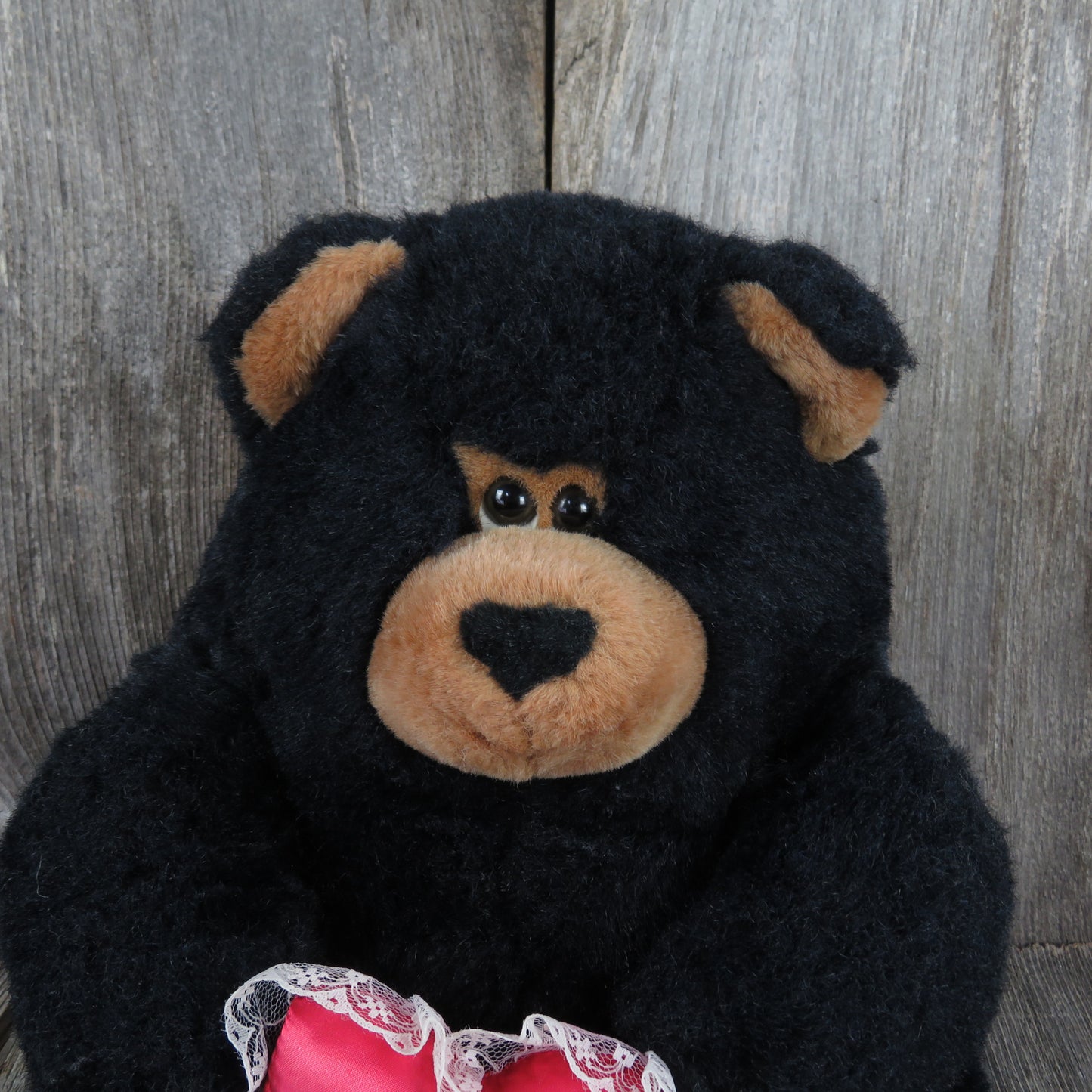 Vintage Black Teddy Bear Plush I Love You Red Heart Sad Sleepy Stuffed Animal Chrisha Playful Plush Korea 1988 Brown Nose Ears Paws - At Grandma's Table