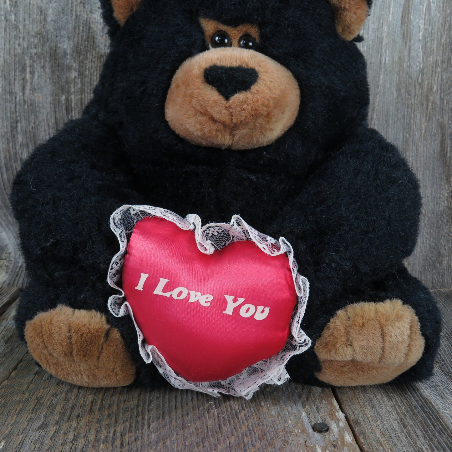 Vintage Black Teddy Bear Plush I Love You Red Heart Sad Sleepy Stuffed Animal Chrisha Playful Plush Korea 1988 Brown Nose Ears Paws - At Grandma's Table