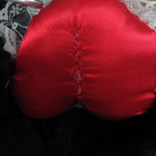 Load image into Gallery viewer, Vintage Black Teddy Bear Plush I Love You Red Heart Sad Sleepy Stuffed Animal Chrisha Playful Plush Korea 1988 Brown Nose Ears Paws - At Grandma&#39;s Table