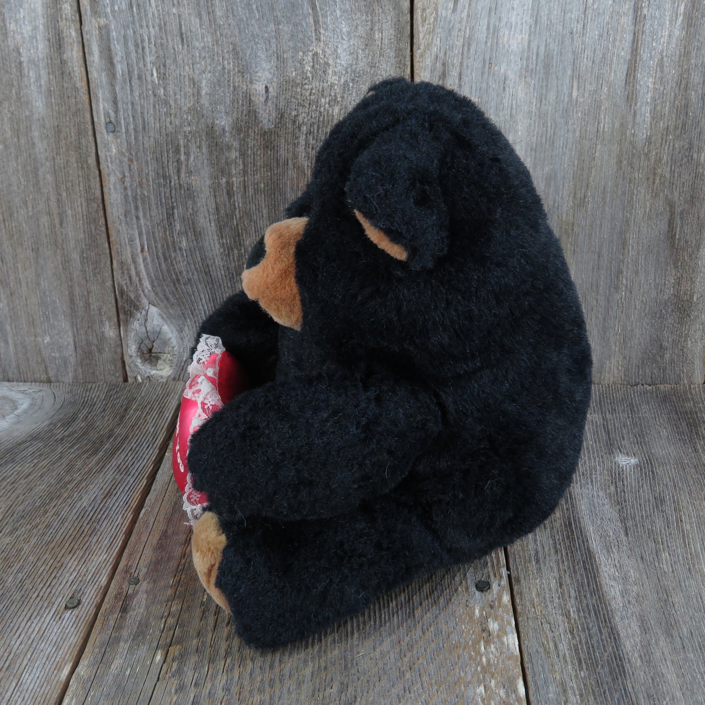 Vintage Black Teddy Bear Plush I Love You Red Heart Sad Sleepy Stuffed Animal Chrisha Playful Plush Korea 1988 Brown Nose Ears Paws - At Grandma's Table