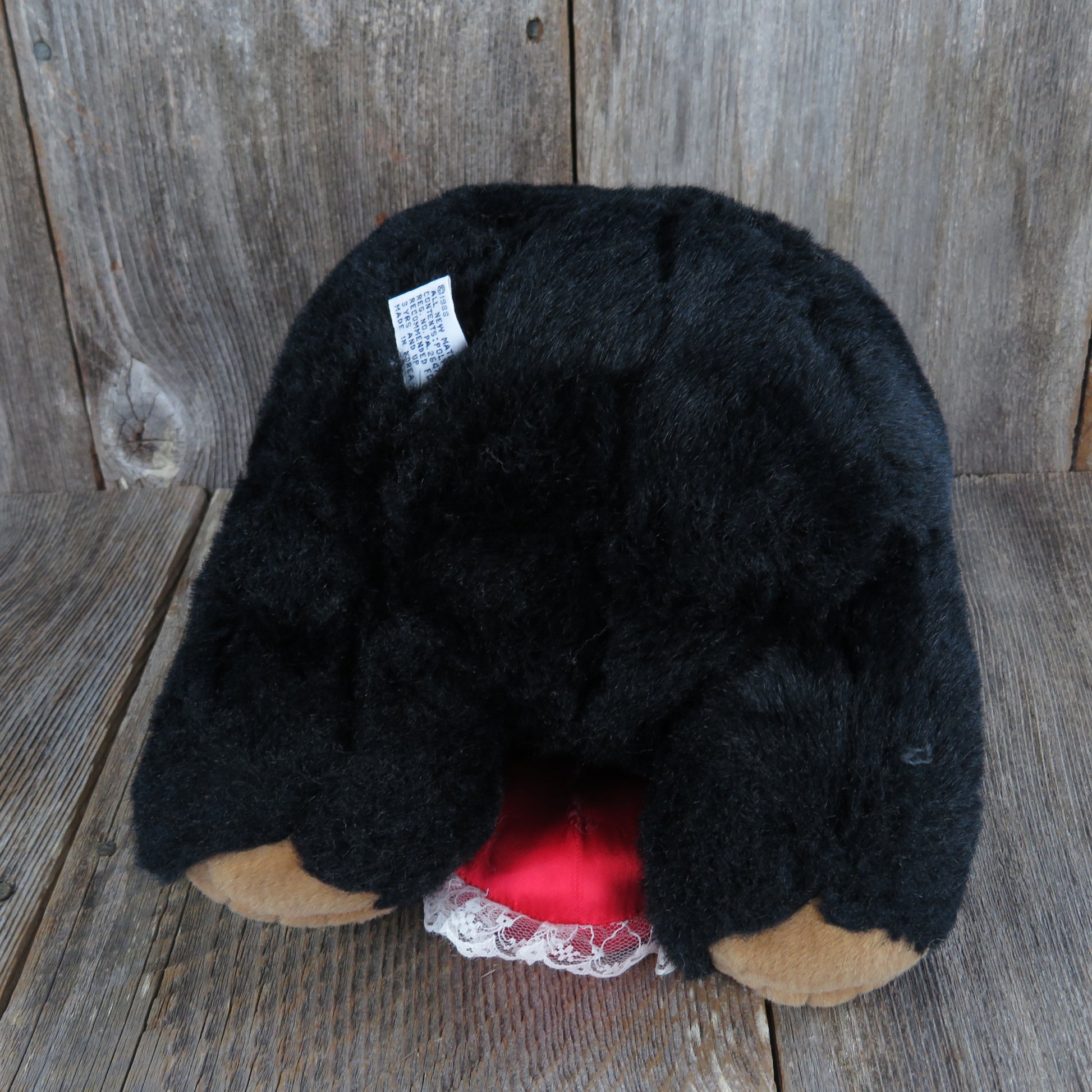 Vintage Black Teddy Bear Plush I Love You Red Heart Sad Sleepy Stuffed Animal Chrisha Playful Plush Korea 1988 Brown Nose Ears Paws - At Grandma's Table