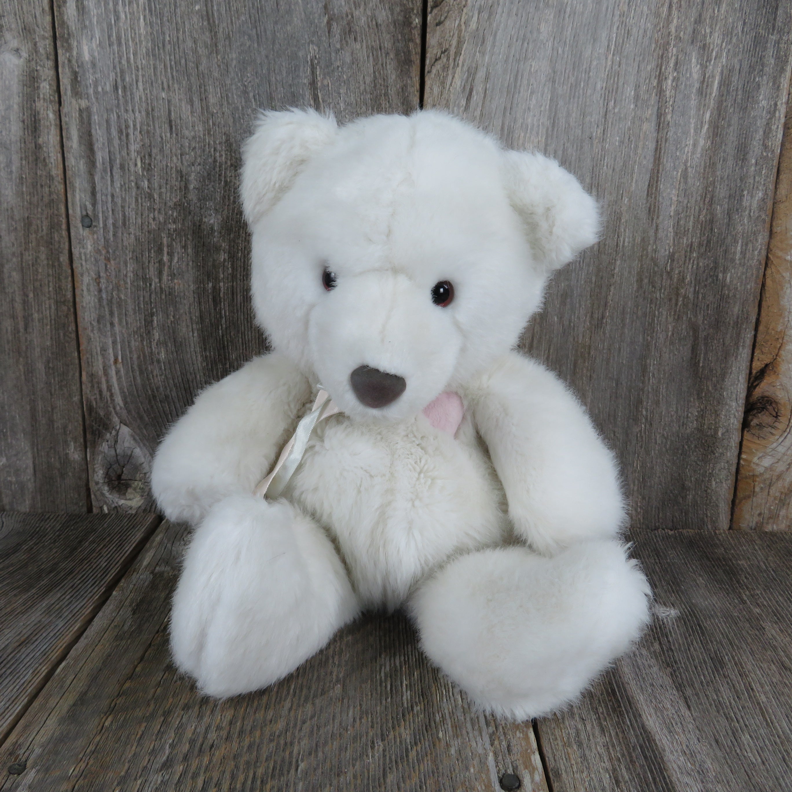 Vintage White Teddy Bear with Pink Heart Dakin 1990 Ribbon Bow Grey Flocked  Nose Soft Floppy Limbs Gray