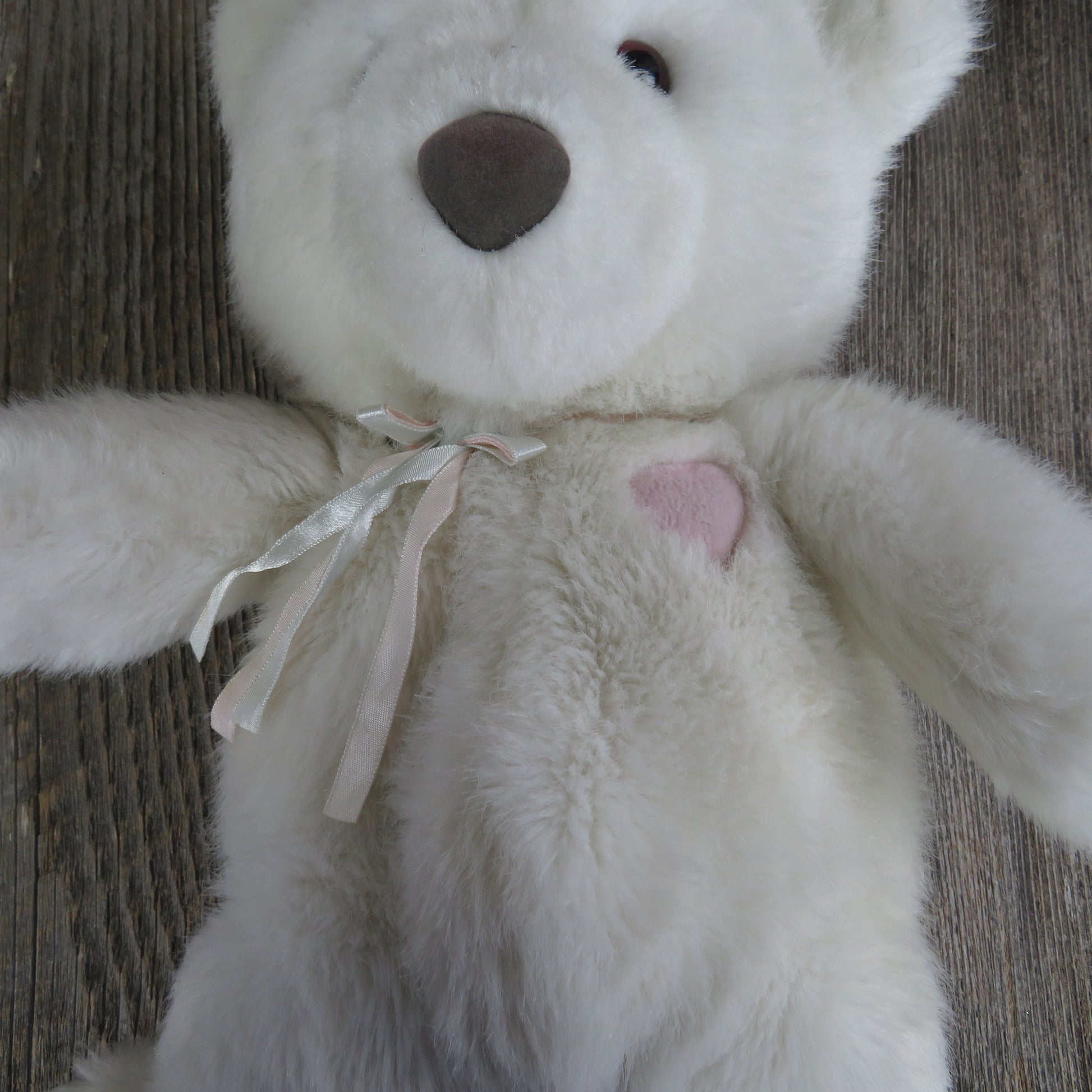 Vintage White Teddy Bear with Pink Heart Dakin 1990 Ribbon Bow Grey Flocked Nose Soft Floppy Limbs Gray - At Grandma's Table