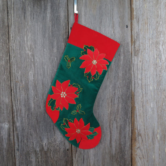 Vintage Poinsettia Christmas Stocking Green Velveteen Gold Cord Applique Flowers Holiday Home Decor - At Grandma's Table