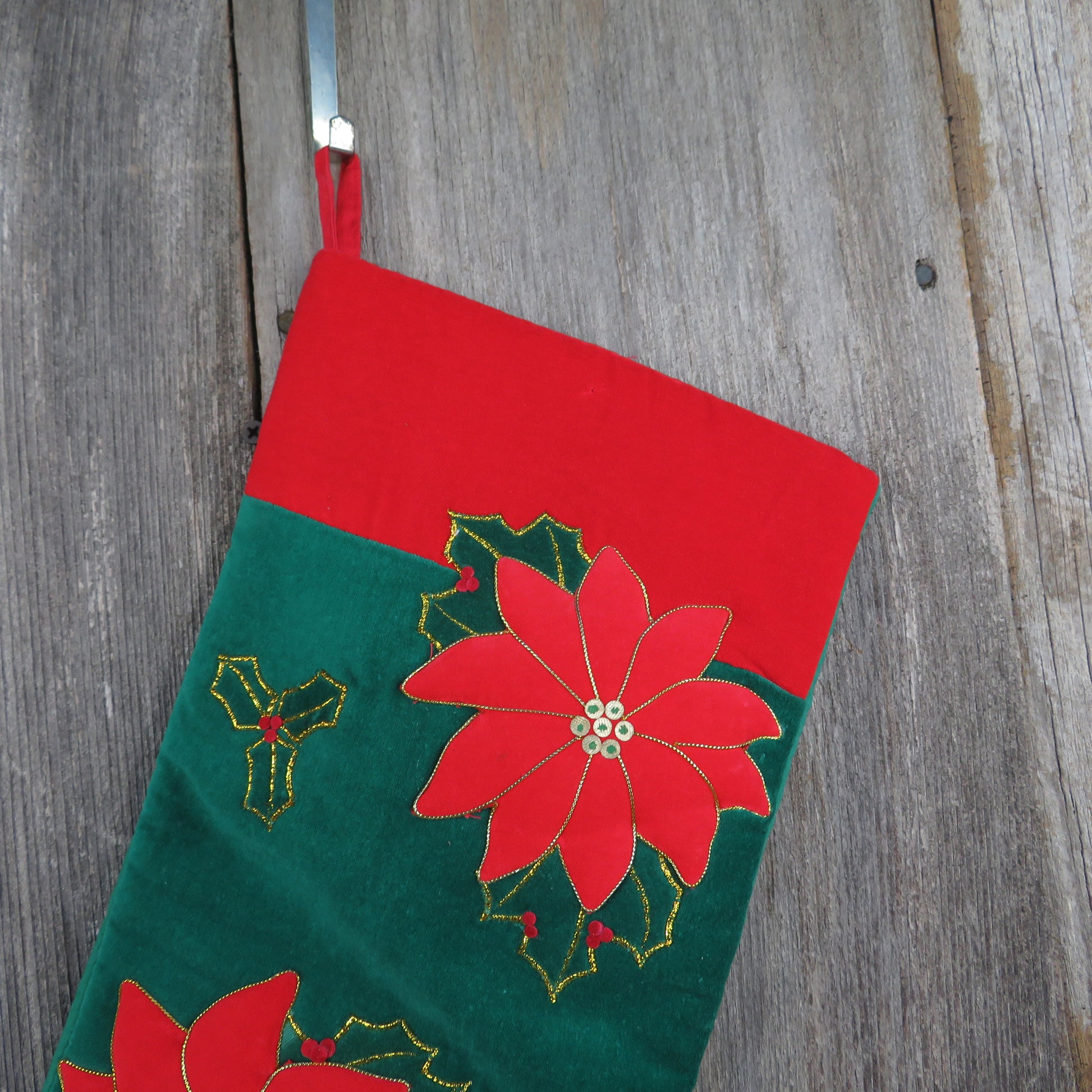 Vintage Poinsettia Christmas Stocking Green Velveteen Gold Cord Applique Flowers Holiday Home Decor - At Grandma's Table