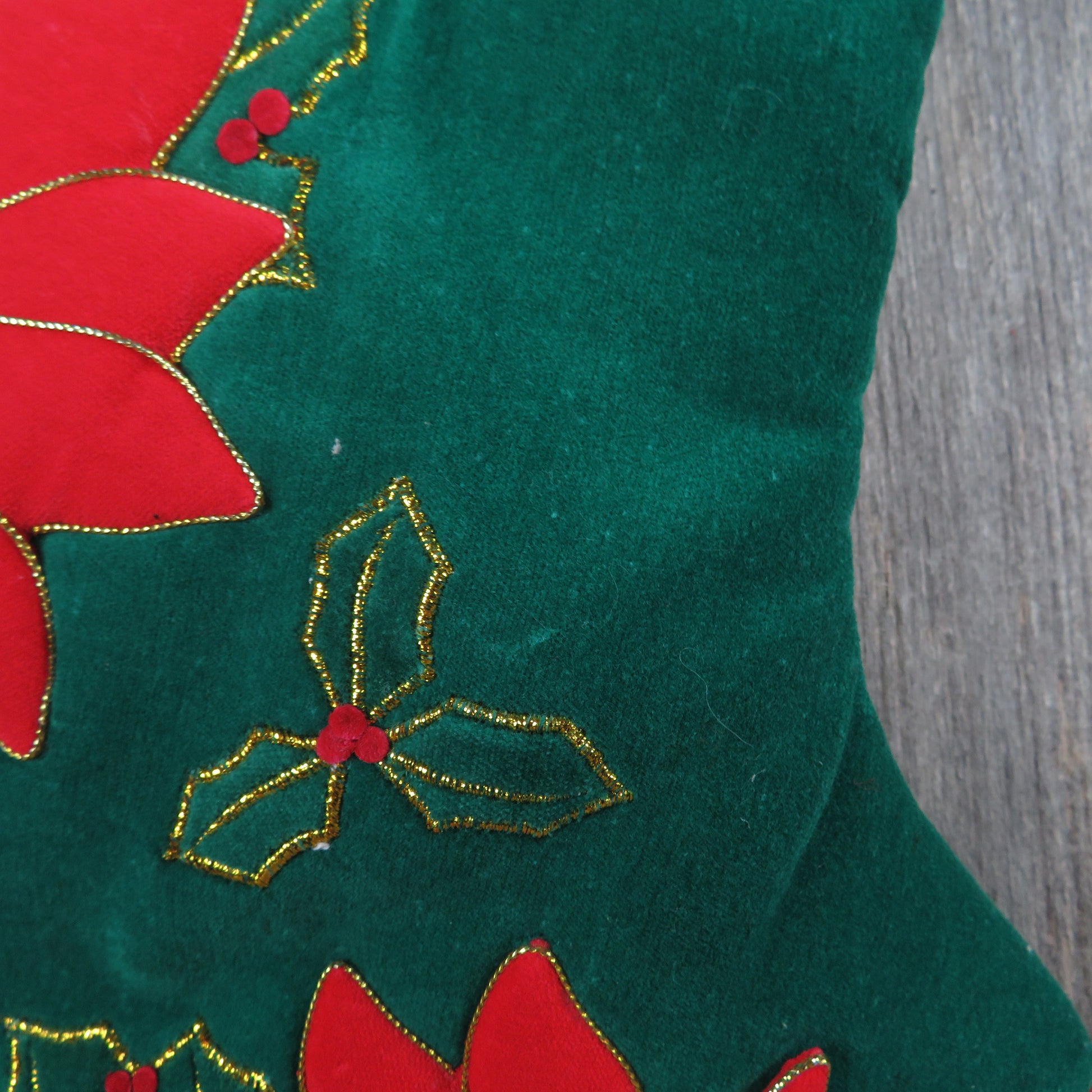Vintage Poinsettia Christmas Stocking Green Velveteen Gold Cord Applique Flowers Holiday Home Decor - At Grandma's Table