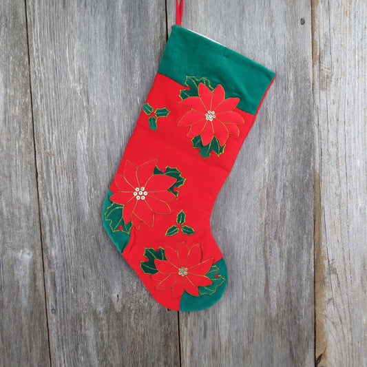 Vintage Poinsettia Christmas Stocking Red Velveteen Gold Cord Applique Flowers Holiday Home Decor - At Grandma's Table