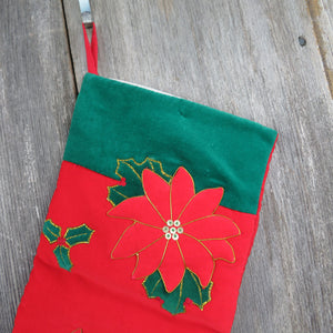 Vintage Poinsettia Christmas Stocking Red Velveteen Gold Cord Applique Flowers Holiday Home Decor - At Grandma's Table