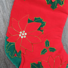 Load image into Gallery viewer, Vintage Poinsettia Christmas Stocking Red Velveteen Gold Cord Applique Flowers Holiday Home Decor - At Grandma&#39;s Table