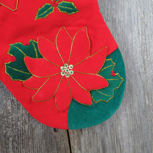 Vintage Poinsettia Christmas Stocking Red Velveteen Gold Cord Applique Flowers Holiday Home Decor - At Grandma's Table
