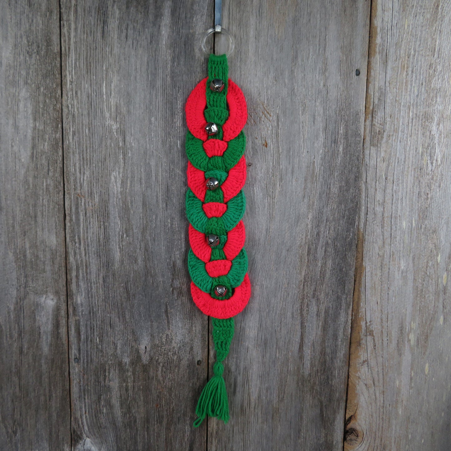 Vintage Crochet Christmas Door Hanger Wreath Bell Handmade Red Green White Rings Knit - At Grandma's Table