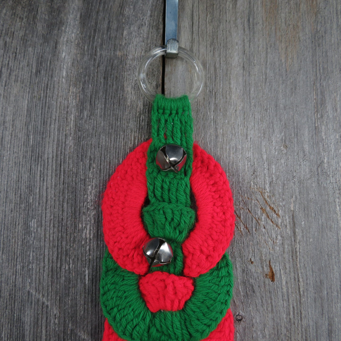 Vintage Crochet Christmas Door Hanger Wreath Bell Handmade Red Green White Rings Knit - At Grandma's Table