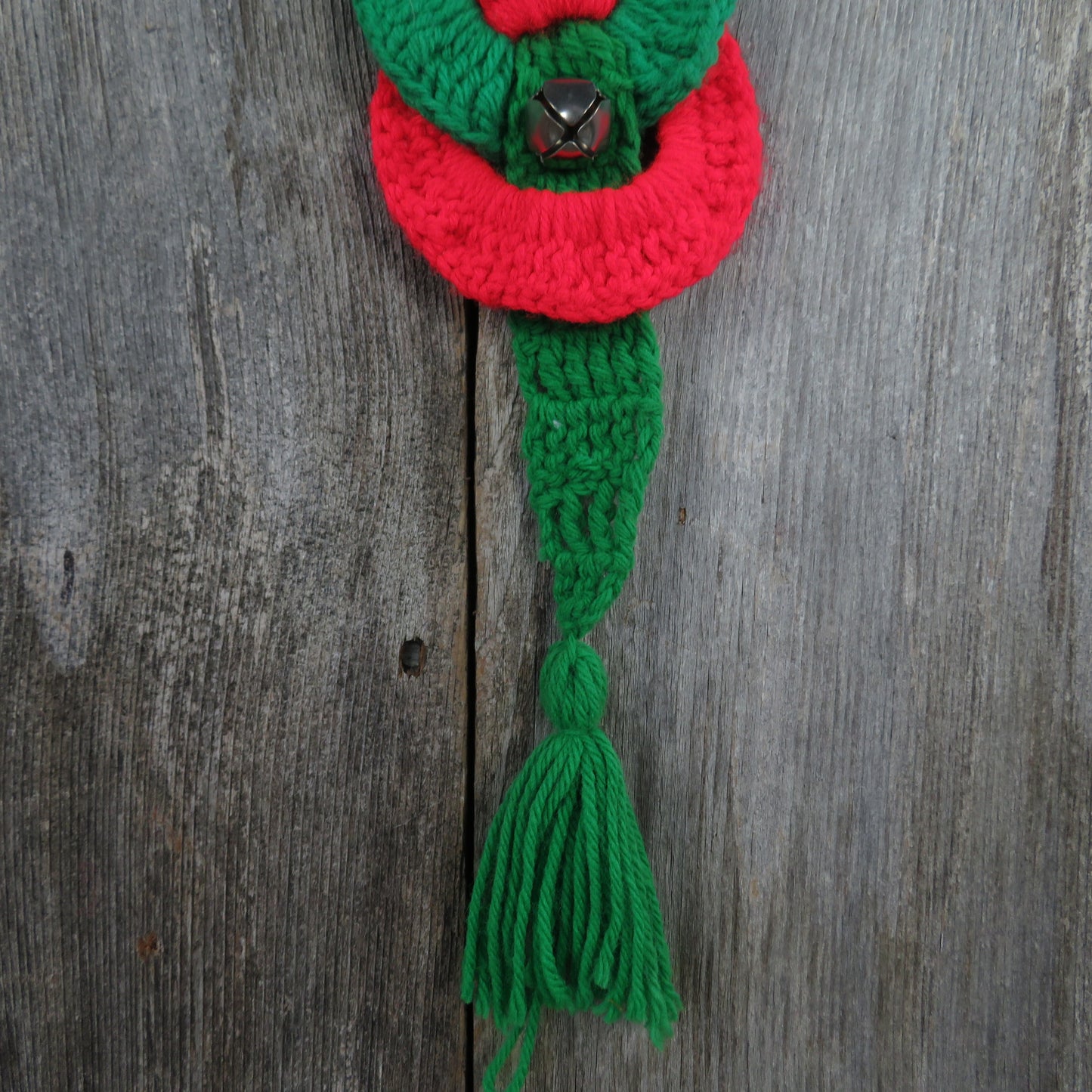 Vintage Crochet Christmas Door Hanger Wreath Bell Handmade Red Green White Rings Knit - At Grandma's Table