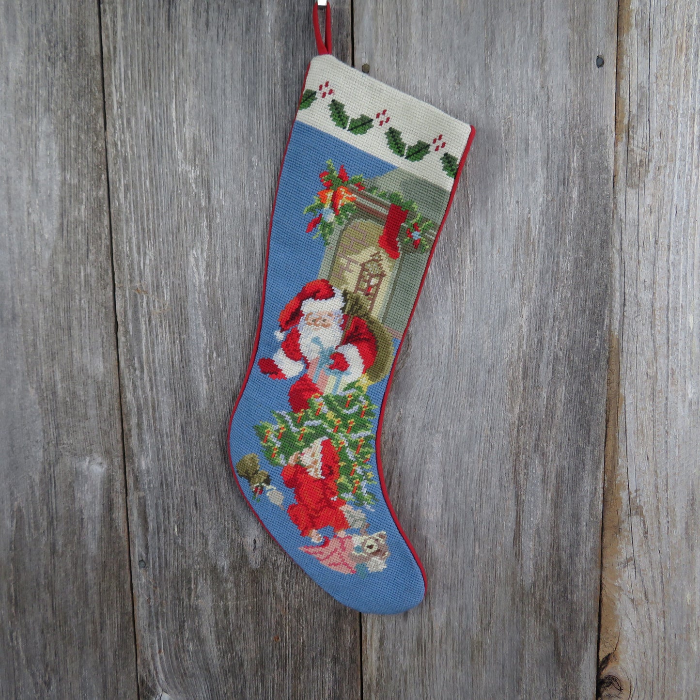 Wool Santa Stocking Embroidered Christmas Tree Delivering Gifts Woven Blue Red Holiday Decor - At Grandma's Table
