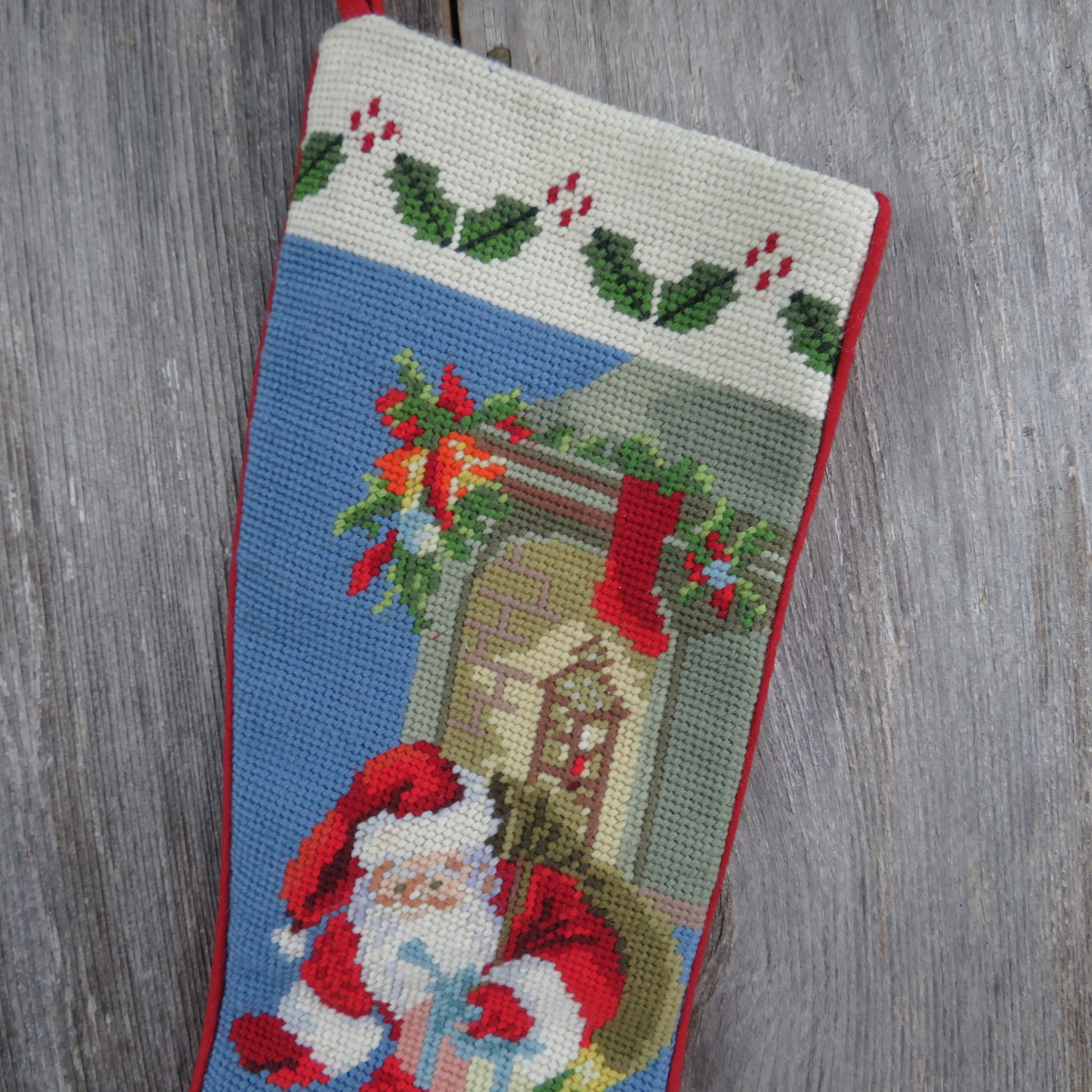 Wool Santa Stocking Embroidered Christmas Tree Delivering Gifts Woven Blue Red Holiday Decor - At Grandma's Table