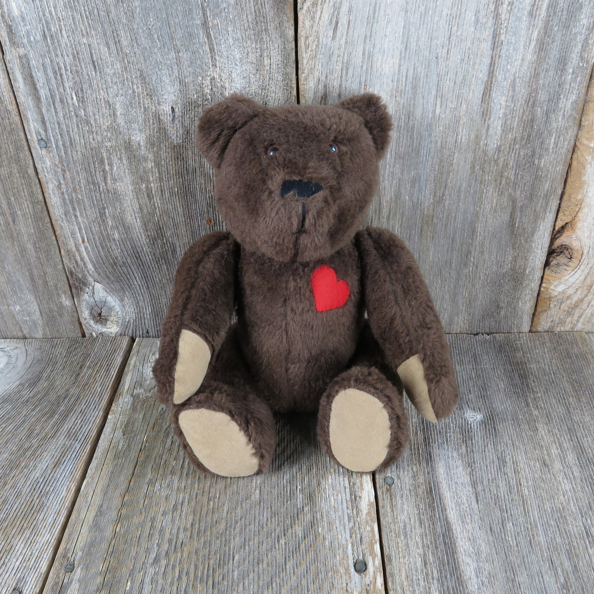 Vintage Handmade Teddy Bear Plush Red Heart Dark Brown Jointed Glass Eyes Stitched Nose Stuffed Animal - At Grandma's Table