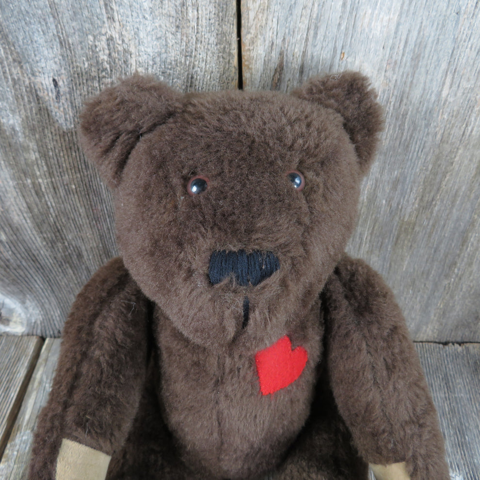 Vintage Handmade Teddy Bear Plush Red Heart Dark Brown Jointed Glass E ...