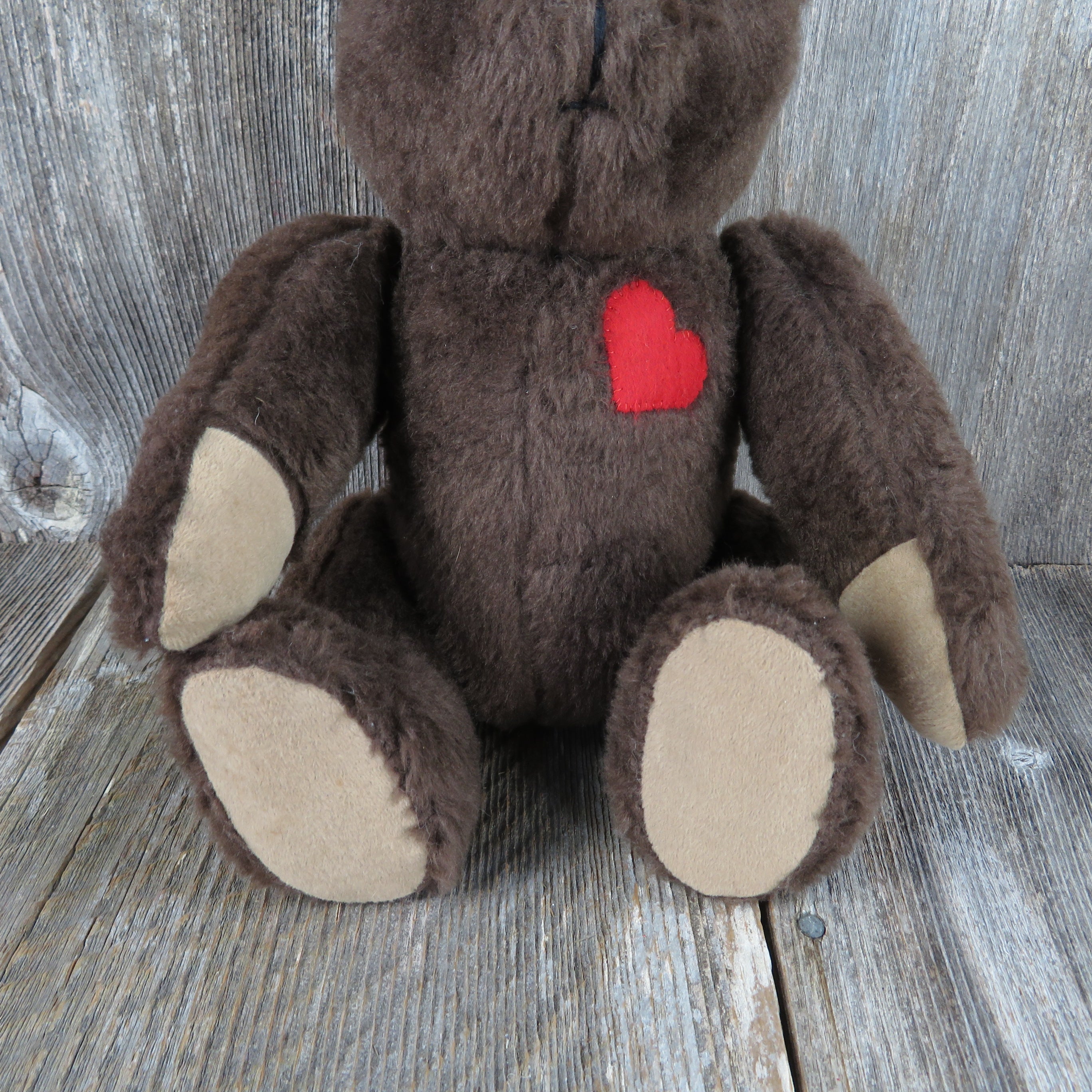 Vintage Handmade Teddy Bear Plush Red Heart Dark Brown Jointed Glass E ...