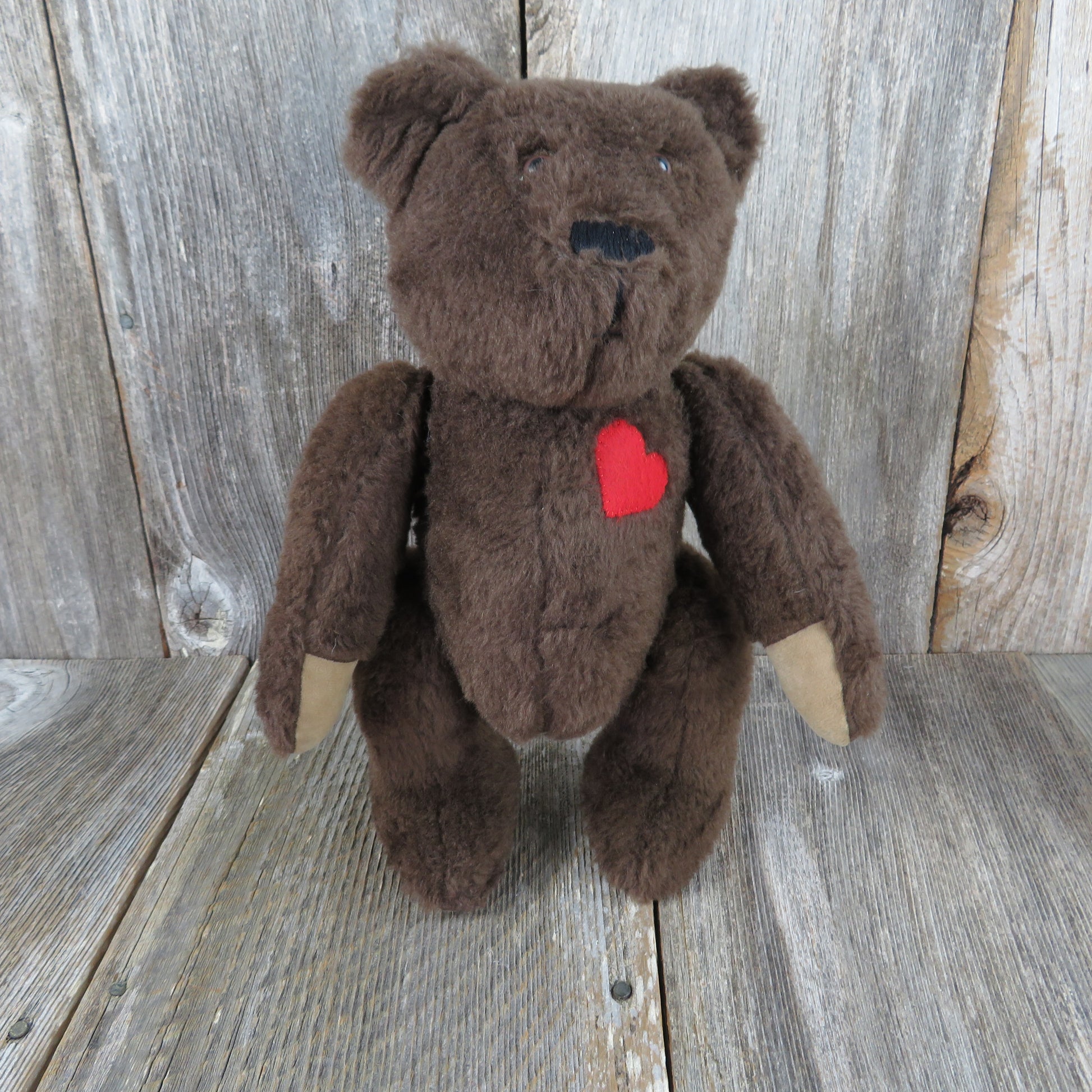 Vintage Handmade Teddy Bear Plush Red Heart Dark Brown Jointed Glass Eyes Stitched Nose Stuffed Animal - At Grandma's Table
