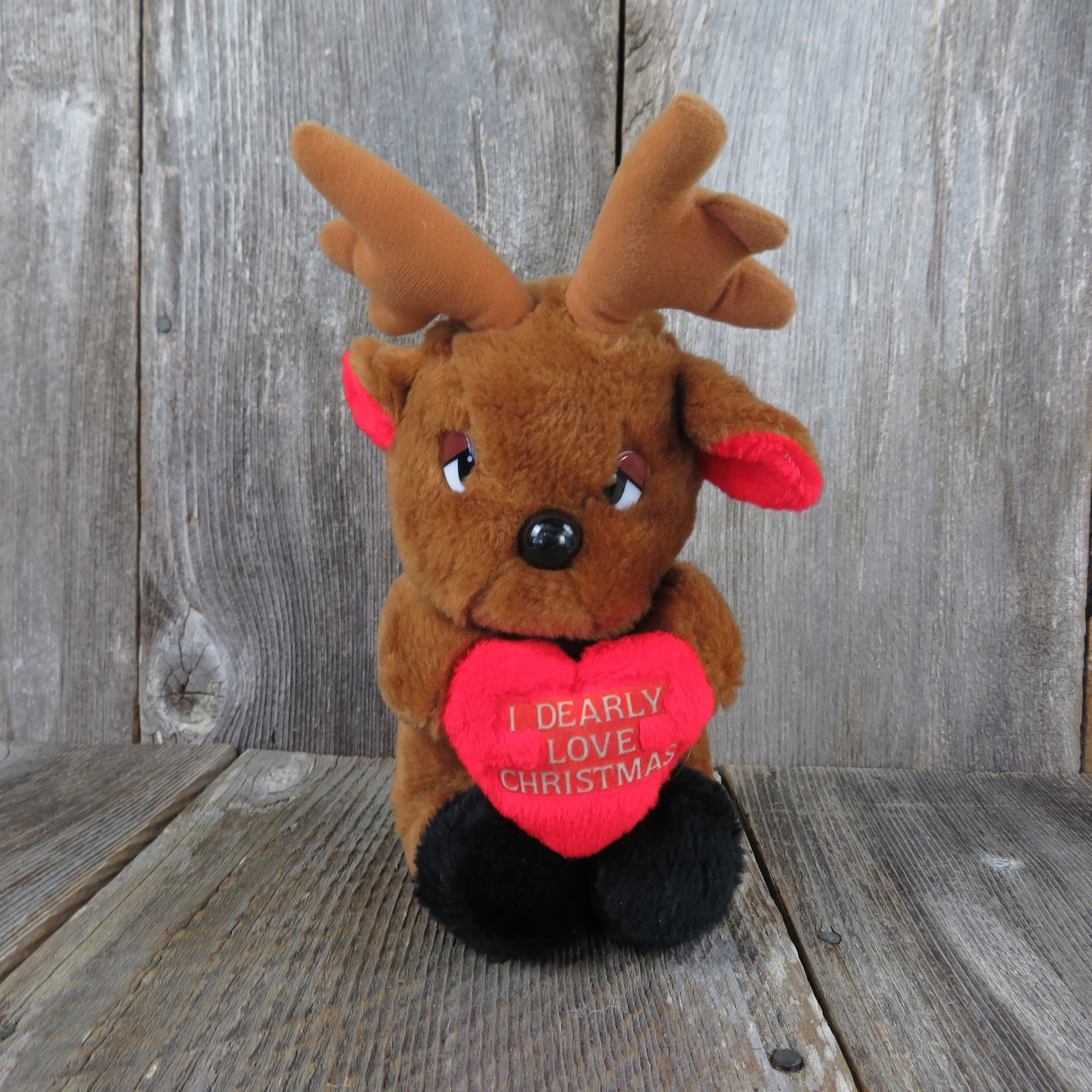 Vintage Reindeer Plush Deer Dearly Love Christmas Sad Eyes Heart Stuffed Animal House LLoyd - At Grandma's Table