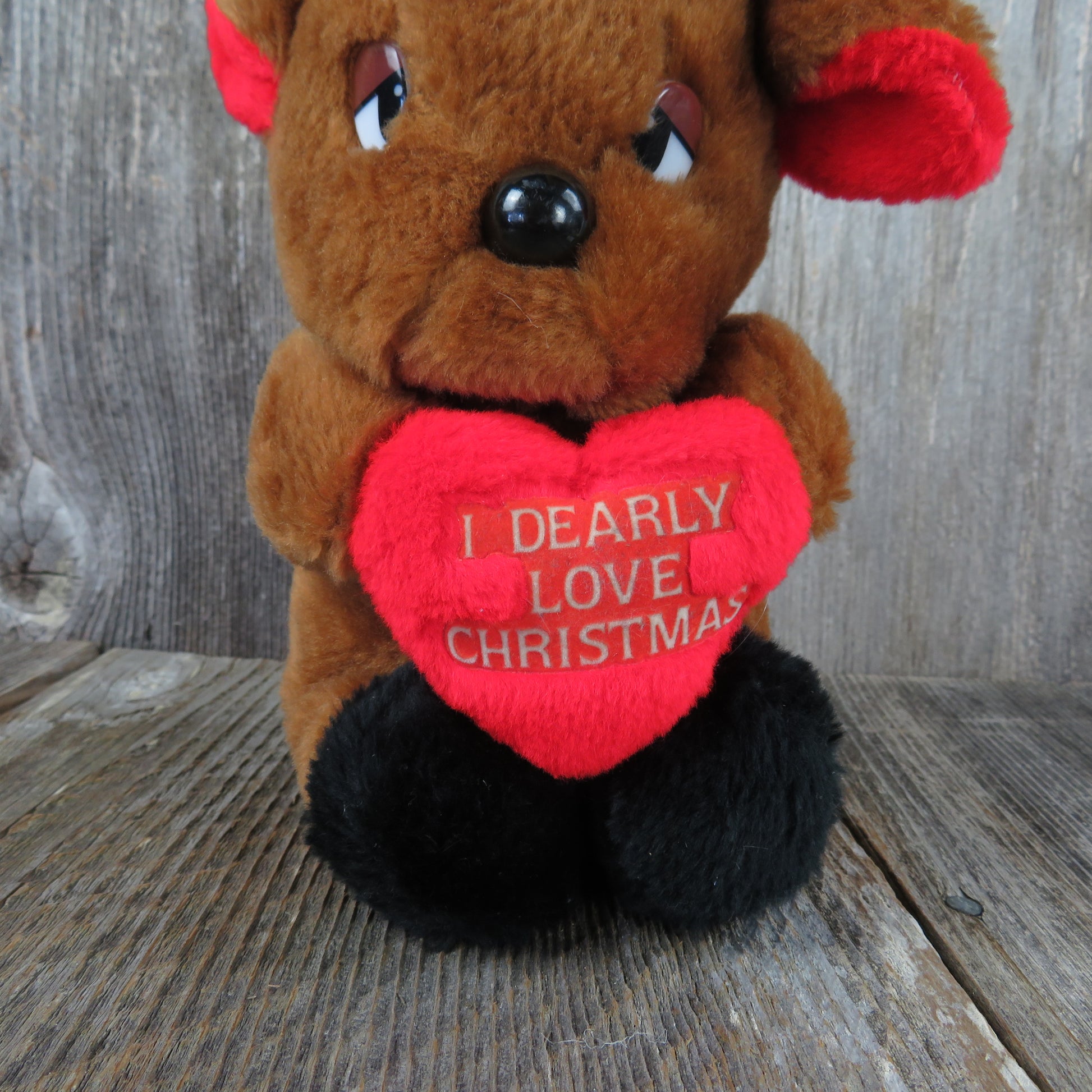 Vintage Reindeer Plush Deer Dearly Love Christmas Sad Eyes Heart Stuffed Animal House LLoyd - At Grandma's Table
