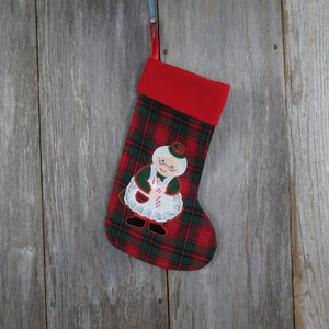 Vintage Plaid Christmas Stocking Fabric Mrs Claus Applique Red Green Black - At Grandma's Table
