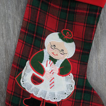 Load image into Gallery viewer, Vintage Plaid Christmas Stocking Fabric Mrs Claus Applique Red Green Black - At Grandma&#39;s Table