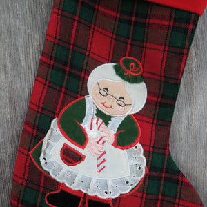 Vintage Plaid Christmas Stocking Fabric Mrs Claus Applique Red Green Black - At Grandma's Table