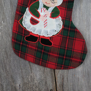 Vintage Plaid Christmas Stocking Fabric Mrs Claus Applique Red Green Black - At Grandma's Table