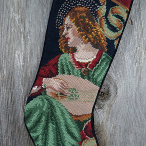 Wool Angle with Lute Stocking Christmas Embroidered Woven Blue Green Musical Guitar - At Grandma's Table