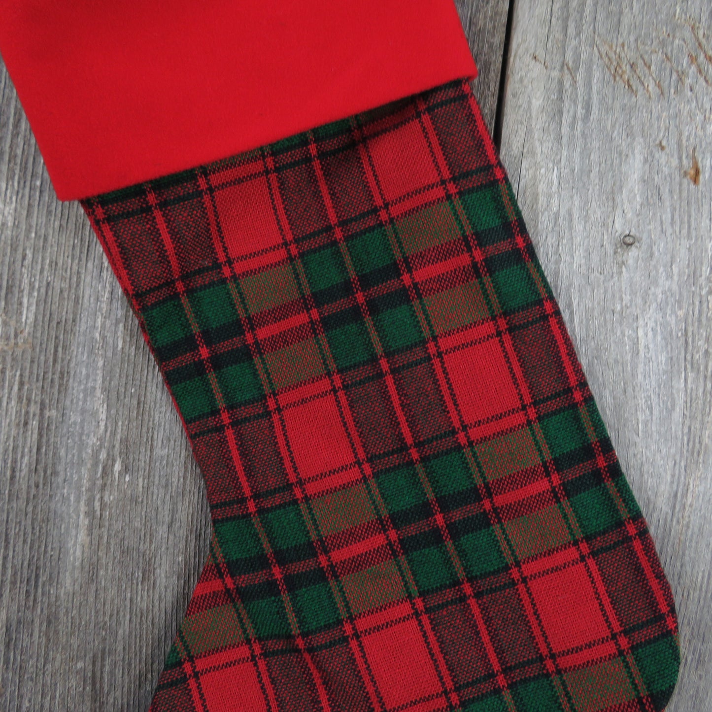 Vintage Plaid Christmas Stocking Fabric Santa Claus Applique Red Green Black - At Grandma's Table
