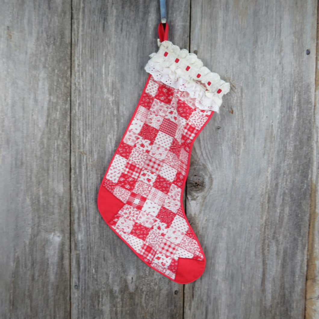 Vintage Patchwork Stocking Christmas Fabric Lace Handmade Red White Floral - At Grandma's Table