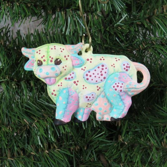 Cow Christmas Ornament Calico Hand Painted Ceramic Vintage Bull Steer Heifer