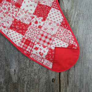 Vintage Patchwork Stocking Christmas Fabric Lace Handmade Red White Floral - At Grandma's Table