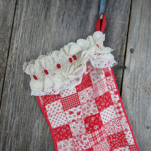 Vintage Patchwork Stocking Christmas Fabric Lace Handmade Red White Floral - At Grandma's Table