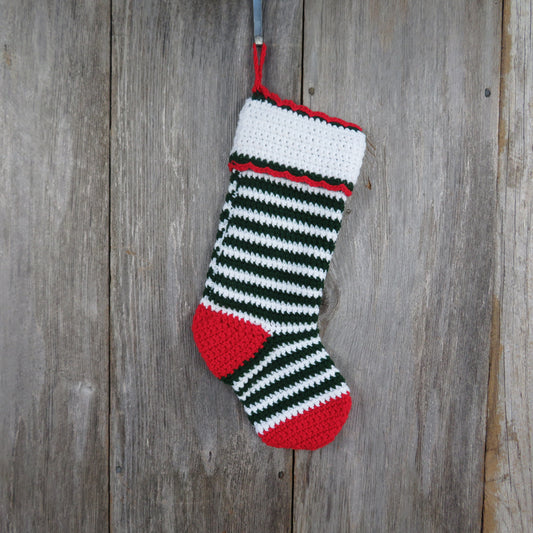 Striped Christmas Stocking Crochet Green White Handmade Lines Red Heel Toe - At Grandma's Table