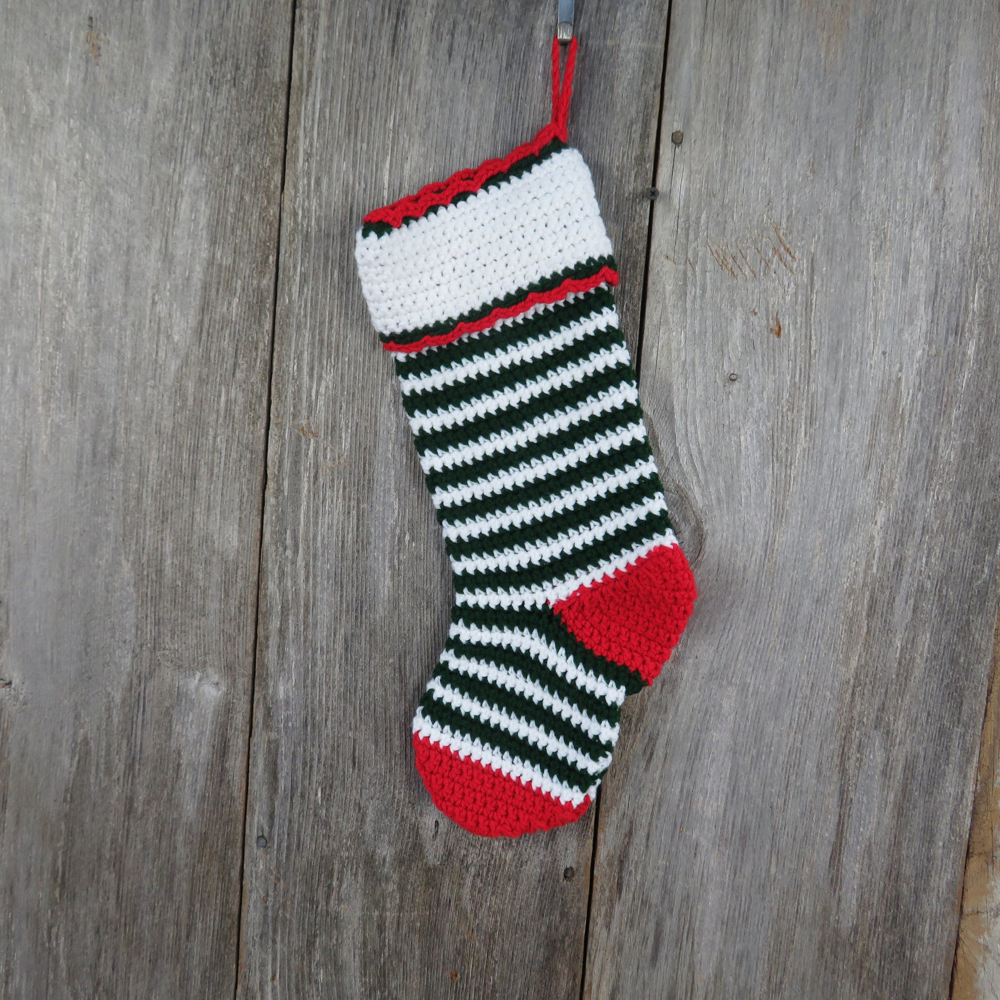 Striped Christmas Stocking Crochet Green White Handmade Lines Red Heel Toe - At Grandma's Table