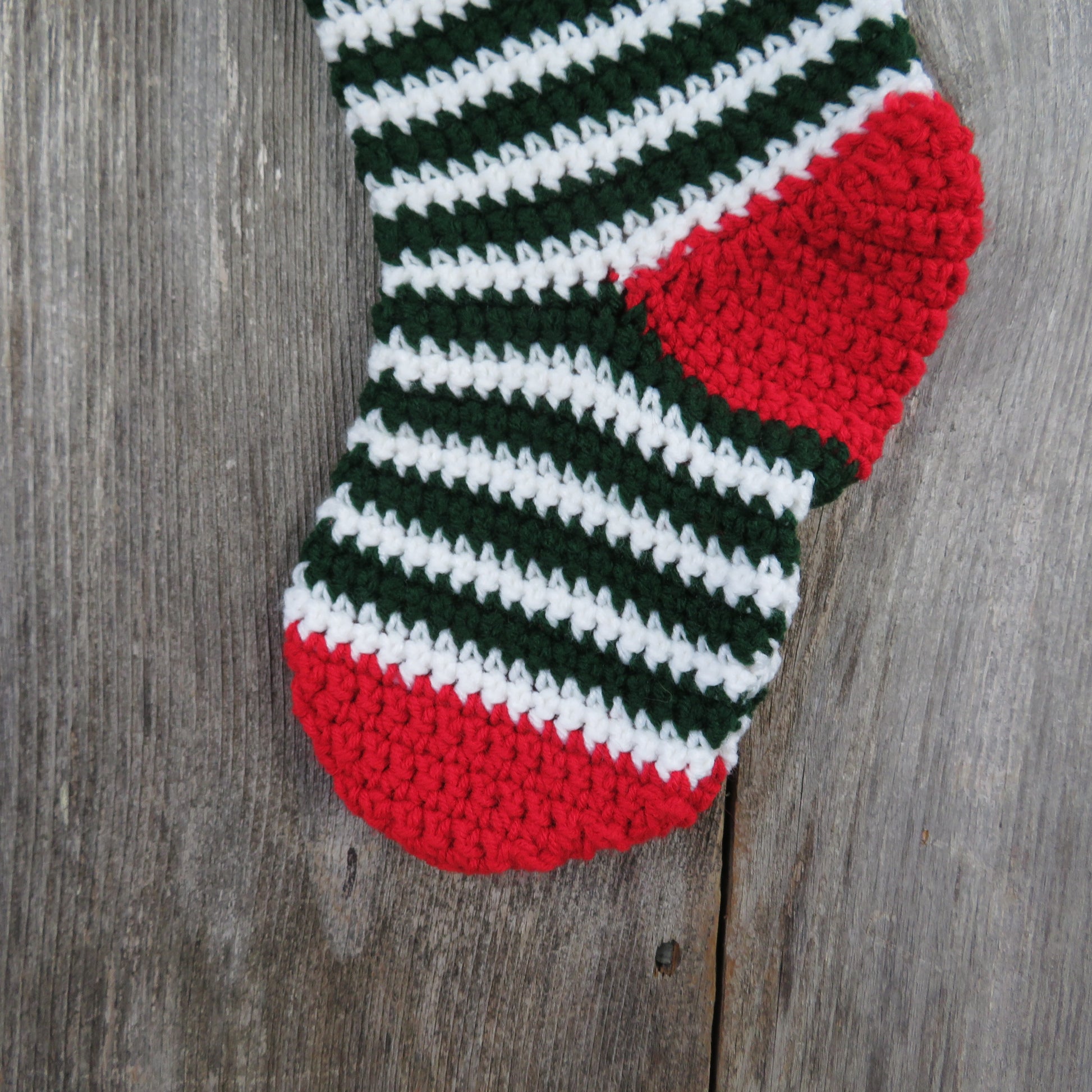Striped Christmas Stocking Crochet Green White Handmade Lines Red Heel Toe - At Grandma's Table