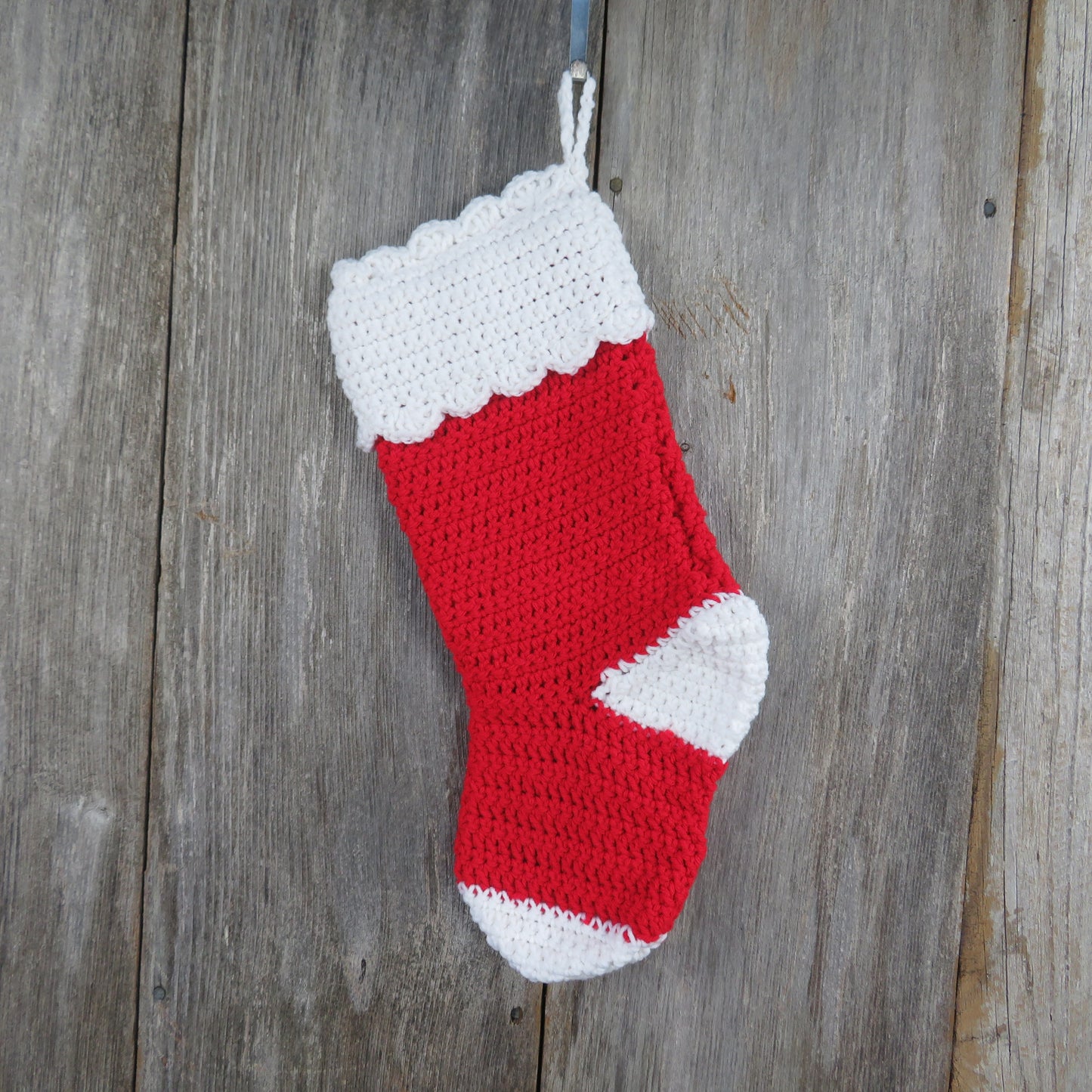 Red White Christmas Stocking Crochet Santa Style Handmade Traditional Stocking - At Grandma's Table