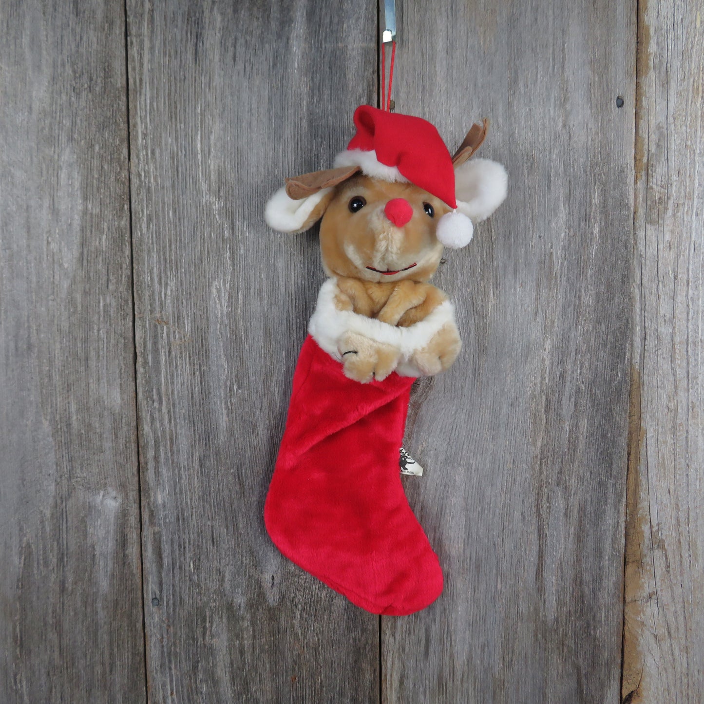 Vintage Reindeer Stocking Plush Red Nosed Deer Stuffed Animal Christmas Antlers Art's Toys MFG CO - At Grandma's Table