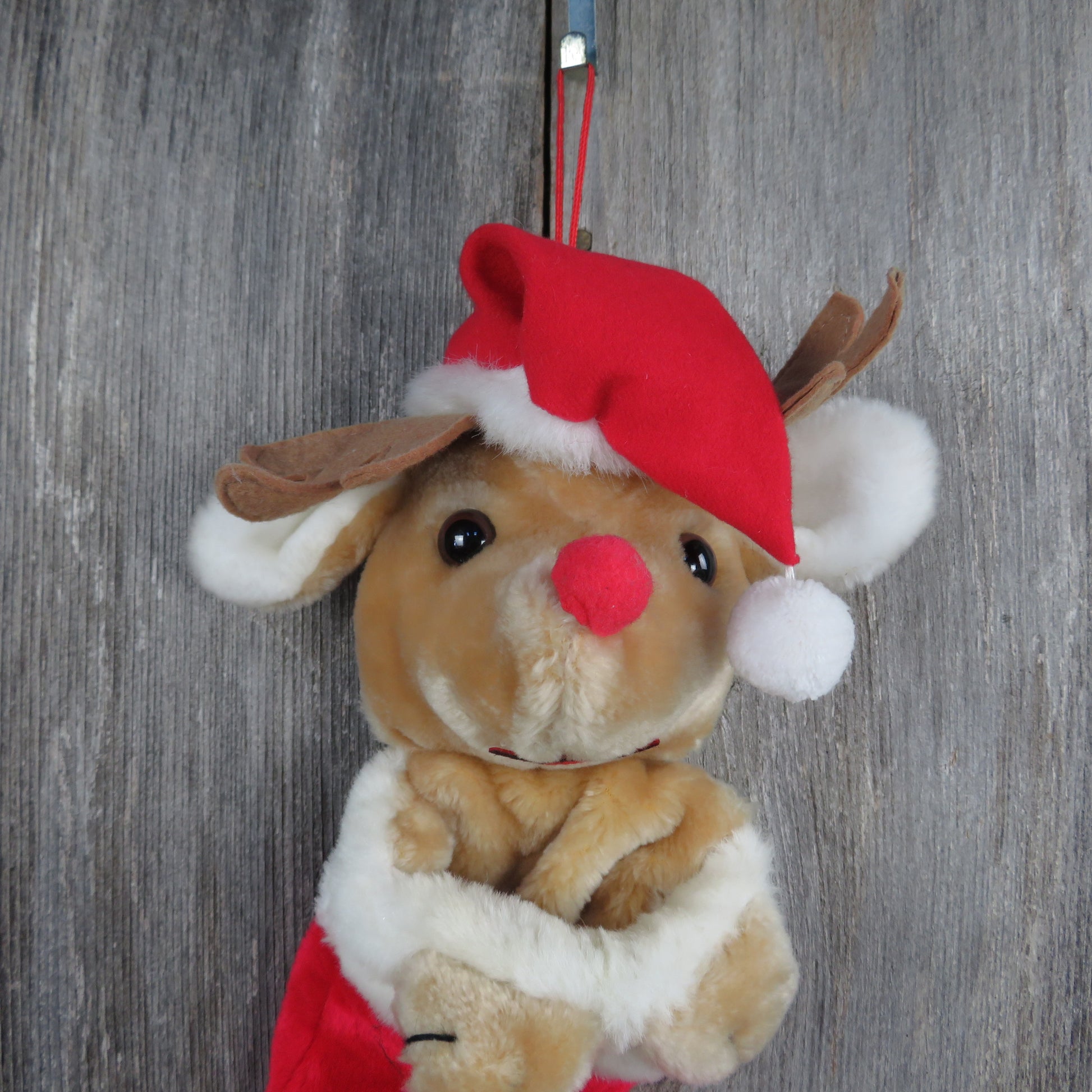Vintage Reindeer Stocking Plush Red Nosed Deer Stuffed Animal Christmas Antlers Art's Toys MFG CO - At Grandma's Table
