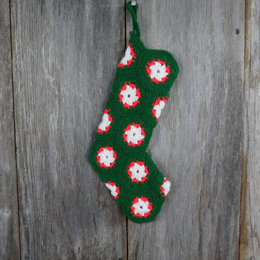 Vintage Crochet Christmas Stocking Granny Hexagon Square Green Red White Handmade (ST205) - At Grandma's Table