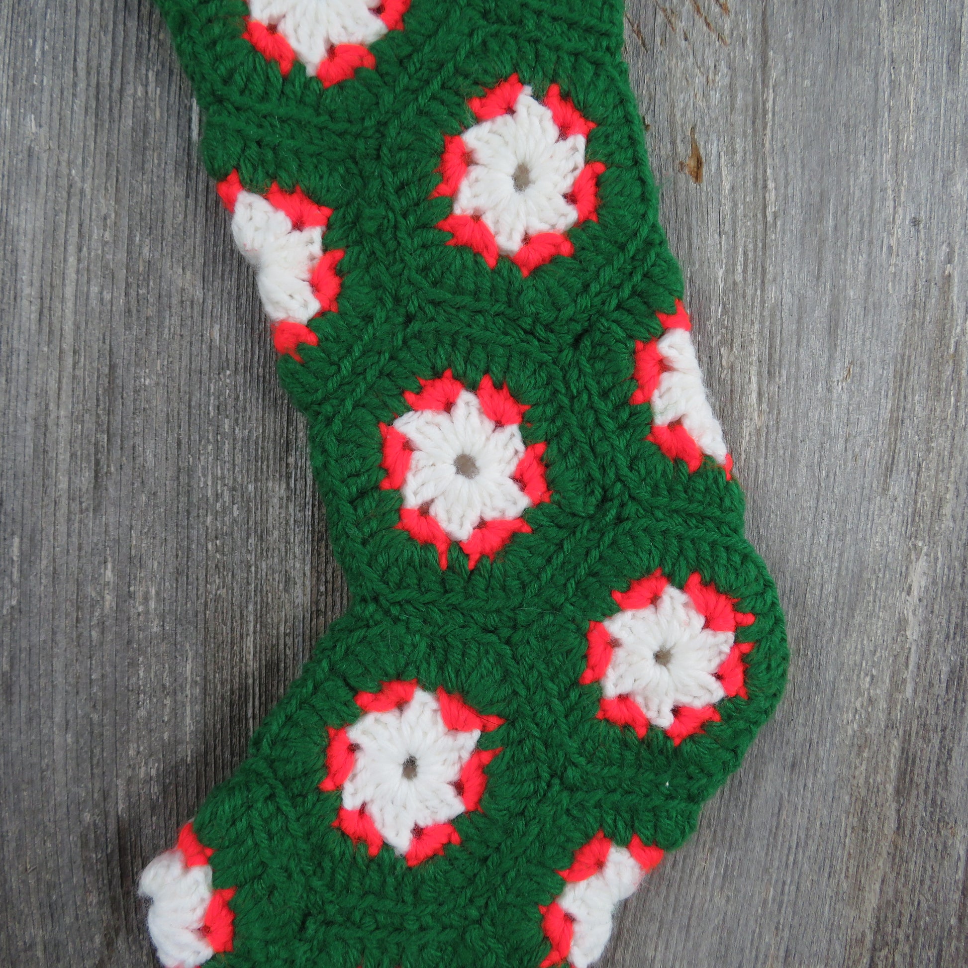 Vintage Crochet Christmas Stocking Granny Hexagon Square Green Red White Handmade (ST205) - At Grandma's Table