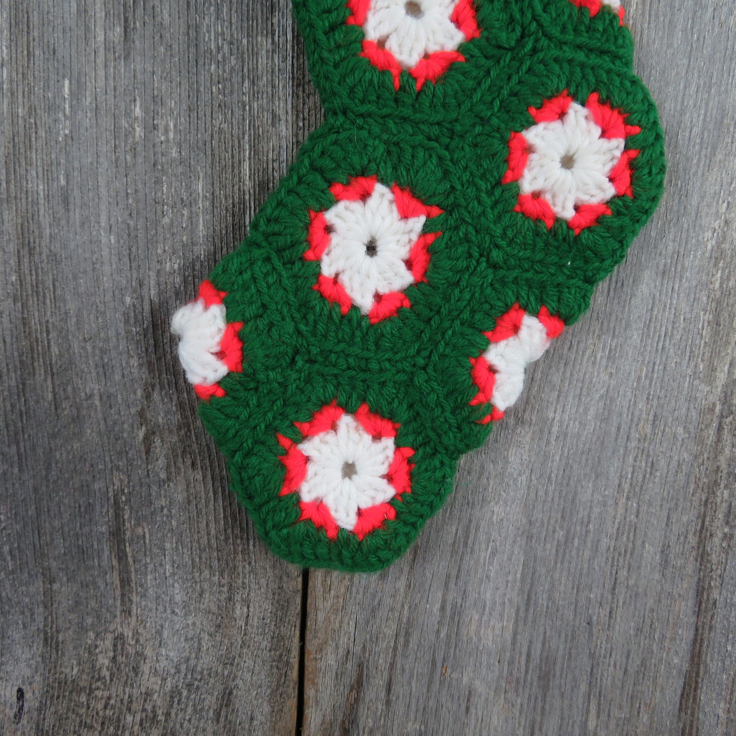 Vintage Crochet Christmas Stocking Granny Hexagon Square Green Red White Handmade (ST205) - At Grandma's Table