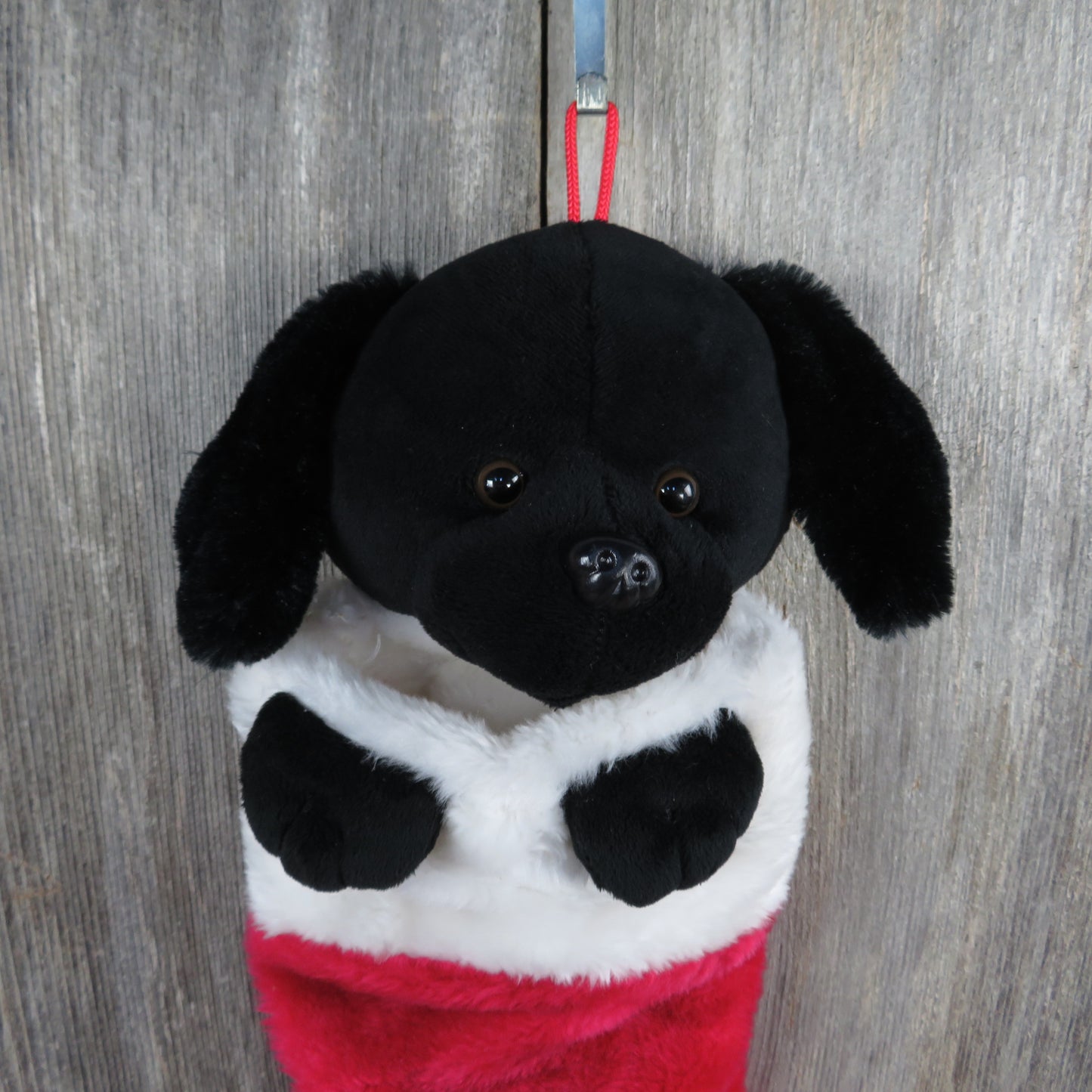 Vintage Black Puppy Dog Christmas Stocking Plush Prima Creations Stuffed Animal Fuzzy Red White Christmas Stocking - At Grandma's Table