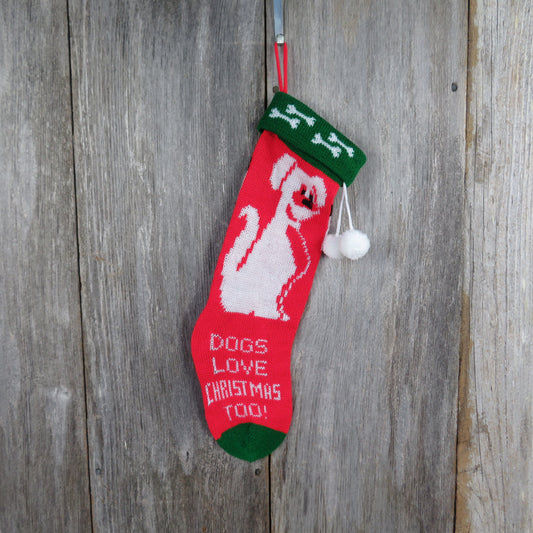 Vintage Dog Pet Knit Stocking Dogs Love Christmas Too Knitted Knit Puppy 1980s Red White Green - At Grandma's Table